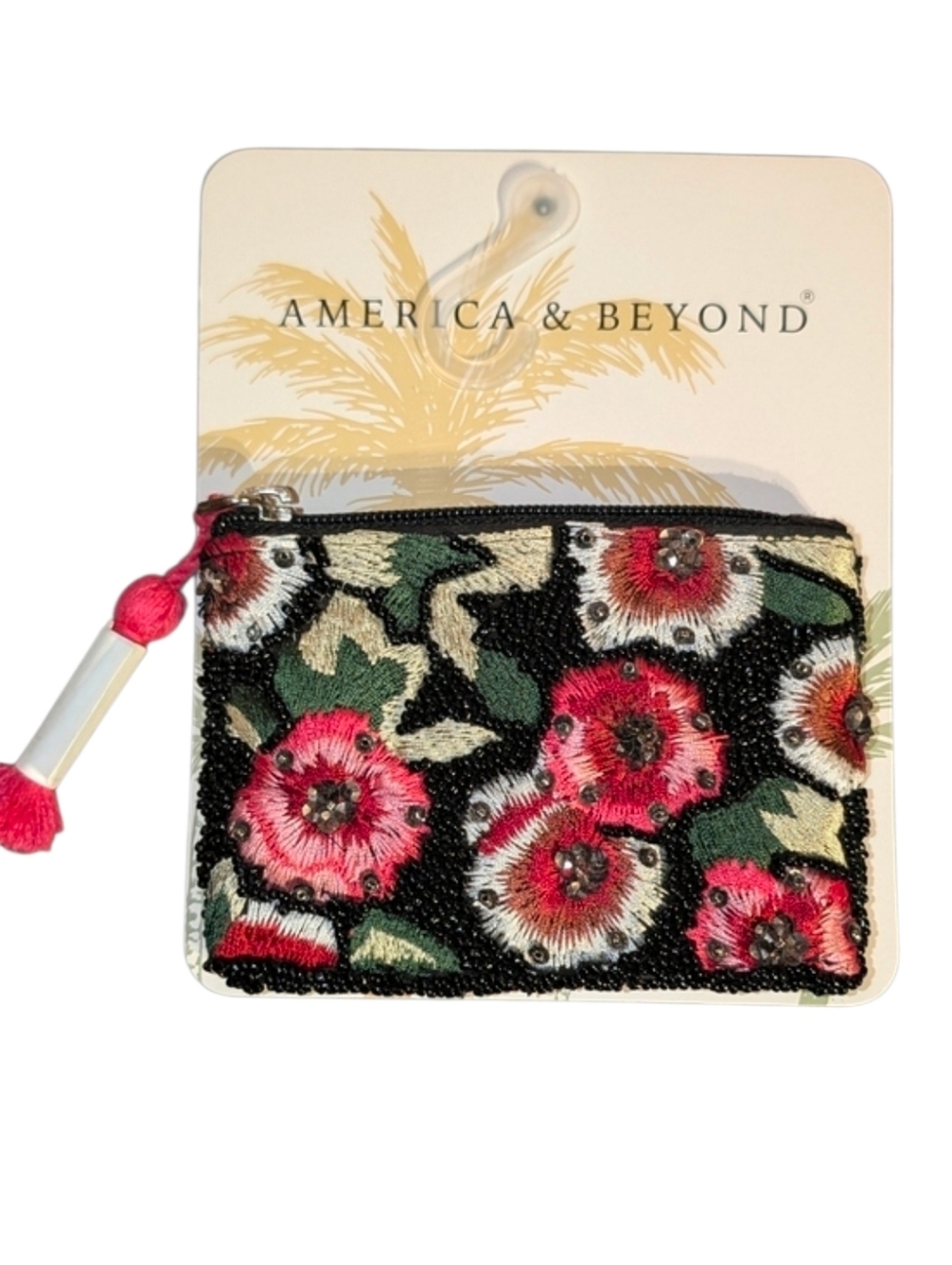 🖤▪️America & Beyond ▪️Floral Beaded Zip Pouch - Black with Pink Floral